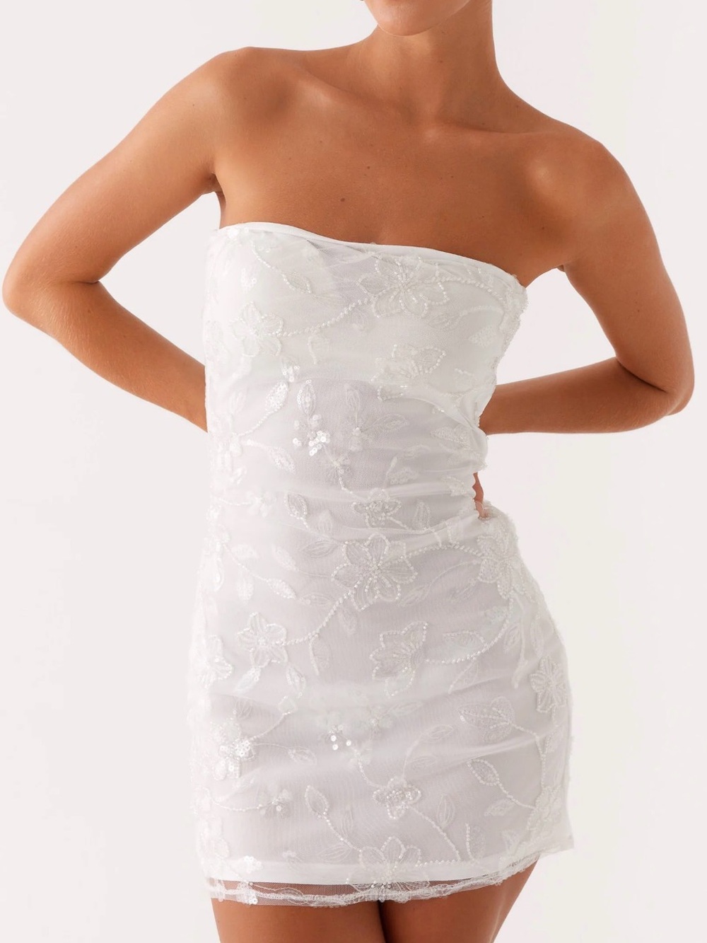 White Sequin Floral Strapless Dress - Picture 4 of 4
